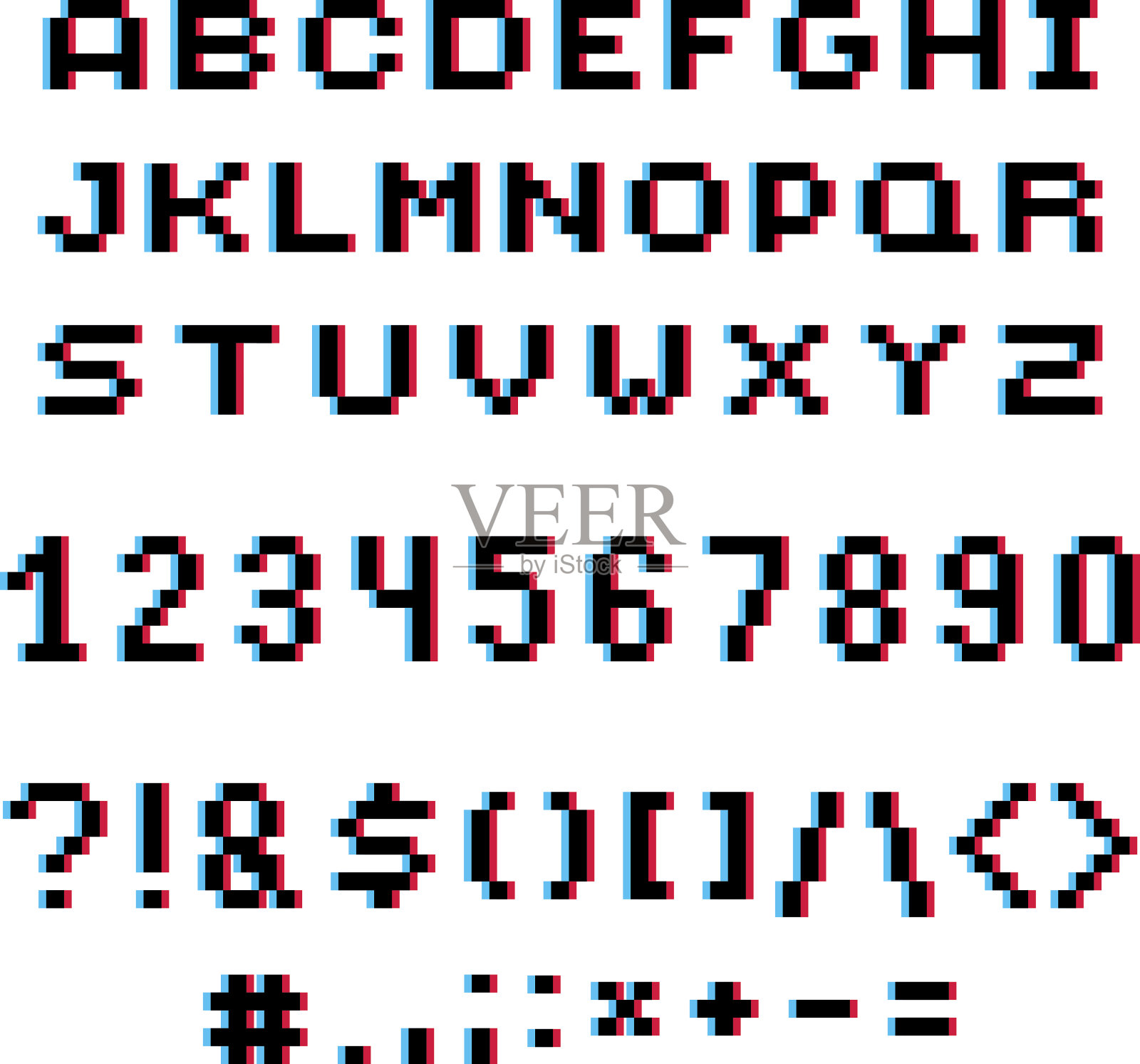 矢量现代数字，字母和标点符号创造的技术风格。几何像素数字和字体，3d点分8位数字从0到9。插画图片素材