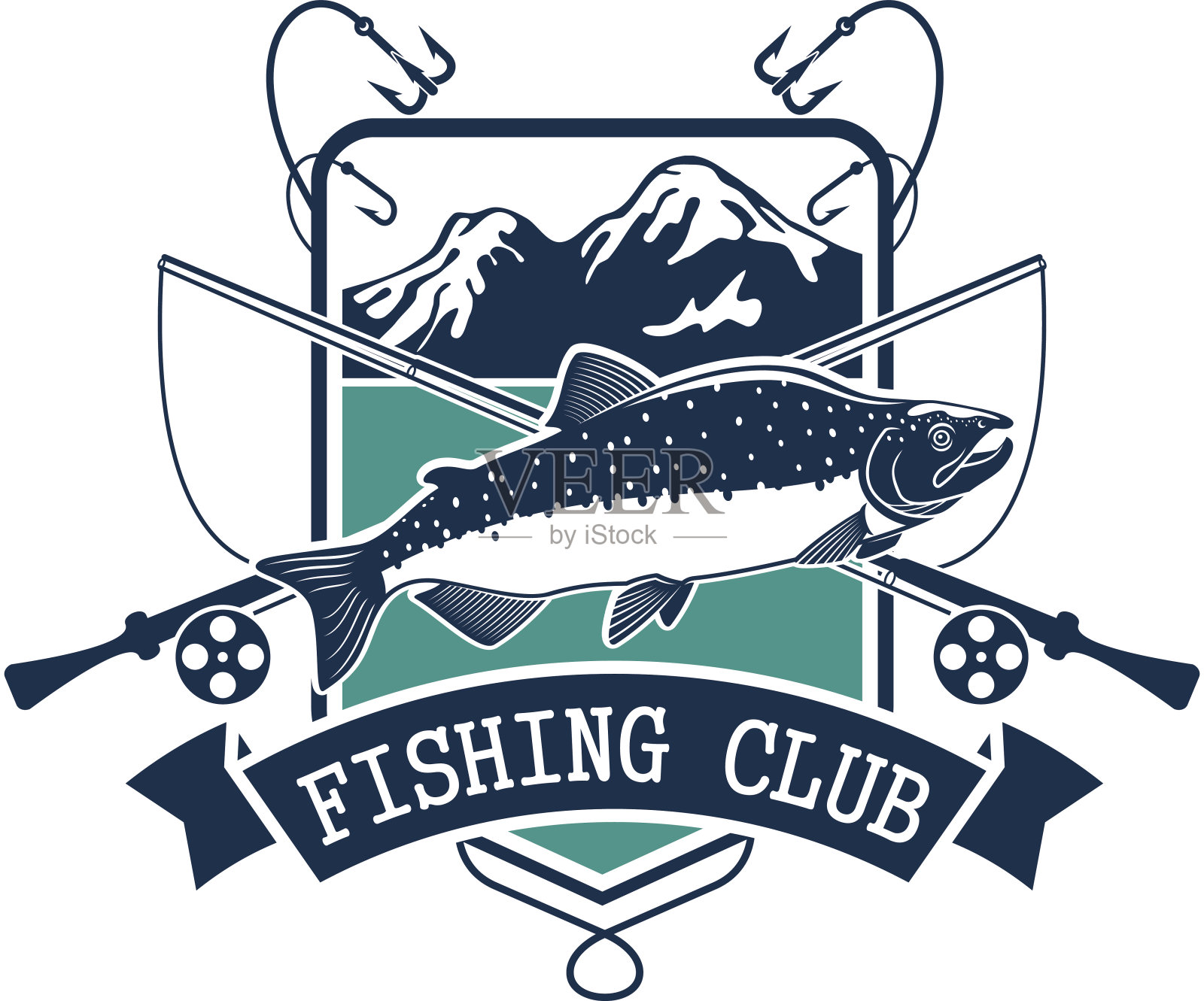钓鱼俱乐部矢量图标与鲑鱼鱼插画图片素材