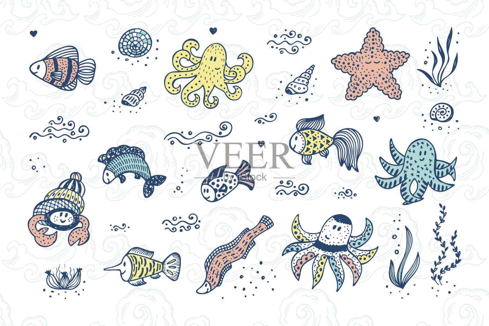 手绘涂鸦可爱的海洋动物集。各种鱼，章鱼，螃蟹，海星-矢量插图插画图片素材
