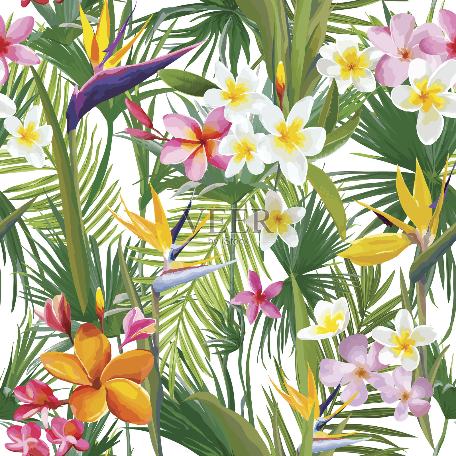 热带棕榈叶和花，丛林叶无缝矢量花卉图案背景插画图片素材