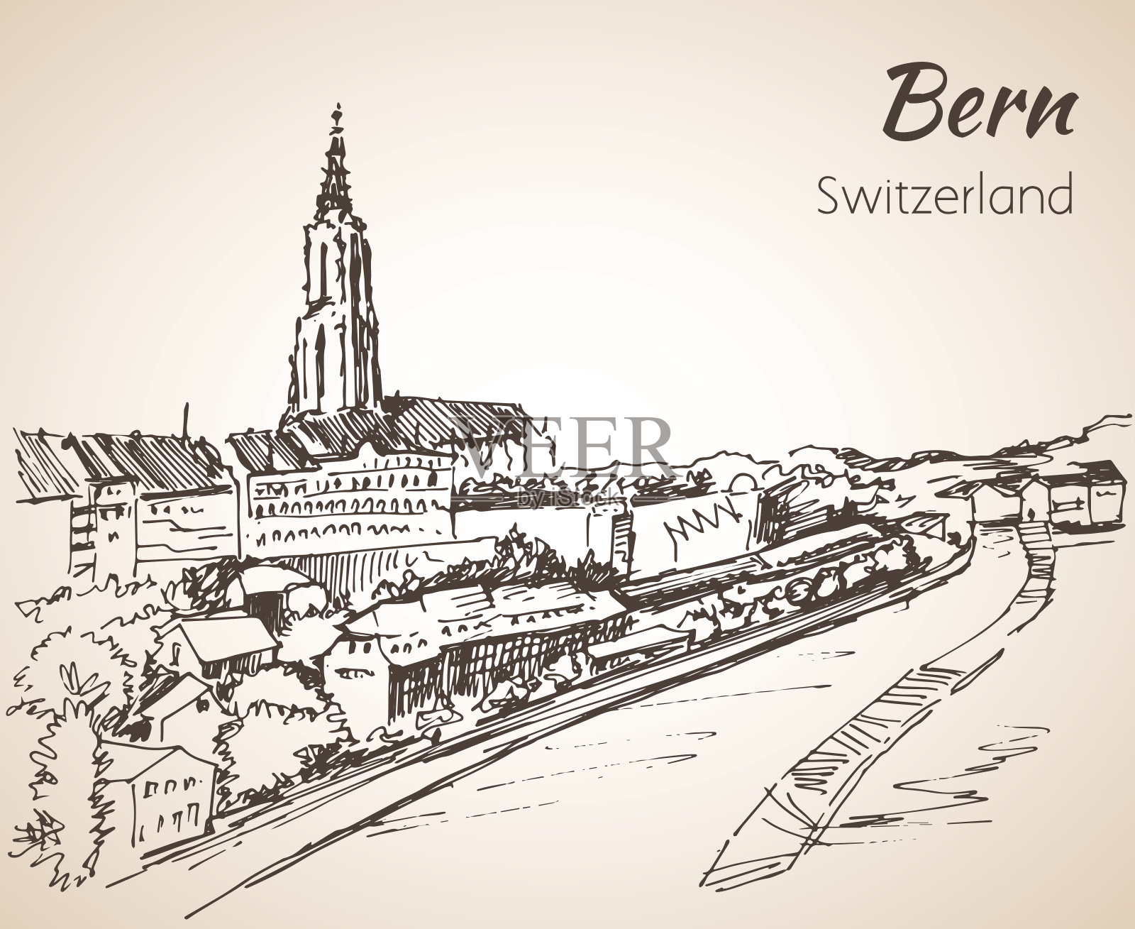 伯尔尼城市景观草图。瑞士。插画图片素材