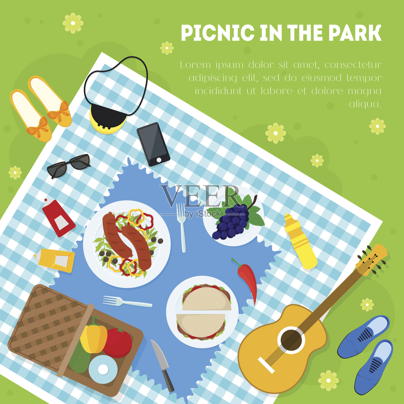 卡通夏季野餐在公园篮子卡片背景。向量插画图片素材