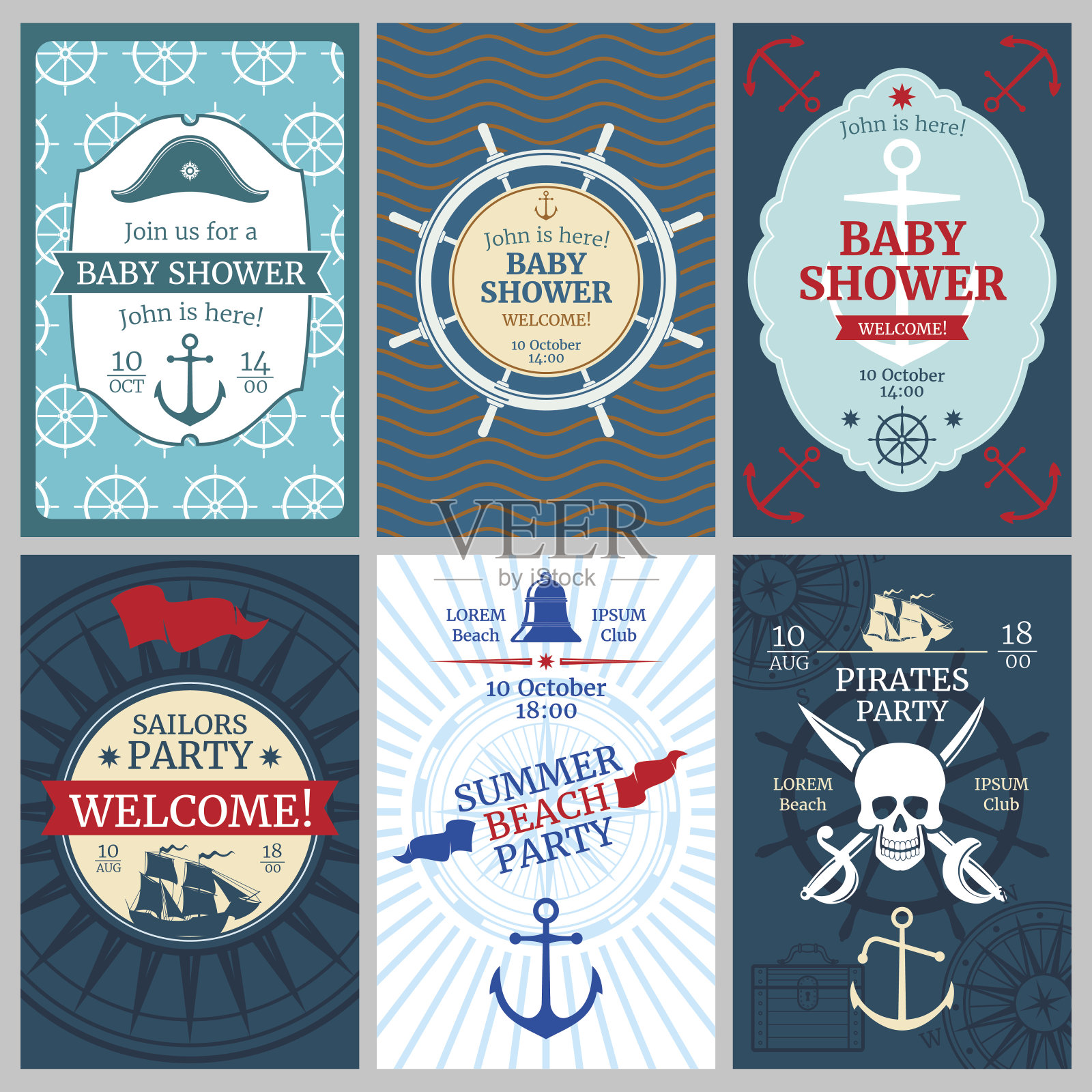 Nautical baby shower, birthday, beach party vector invitation cards插画图片素材