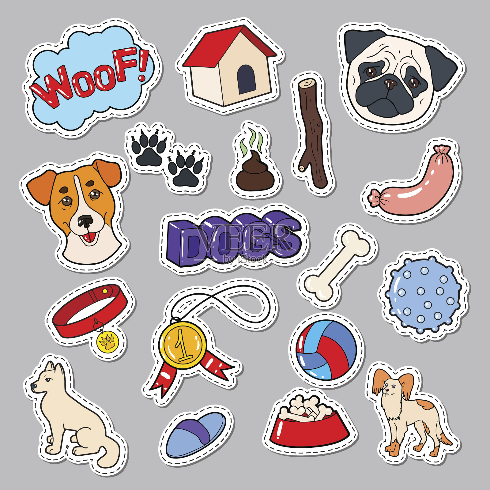 有趣的狗狗涂鸦小狗和玩具插画图片素材