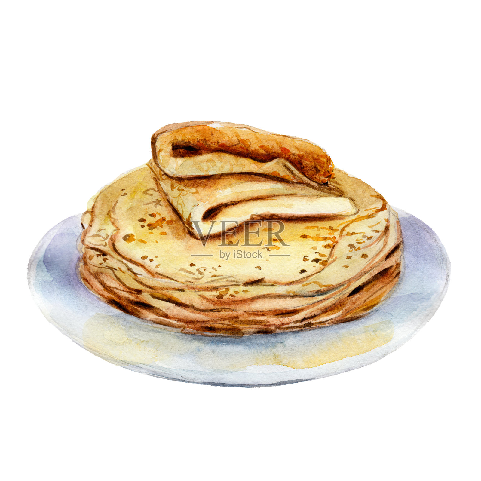 煎饼孤立在白色的背景，水彩插图手绘风格。插画图片素材