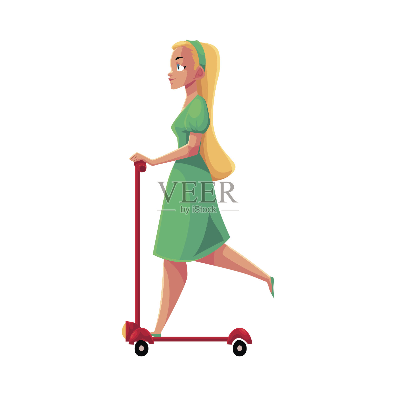 年轻漂亮的金发女孩，穿着裙子的女人骑着滑板车，侧视图插画图片素材
