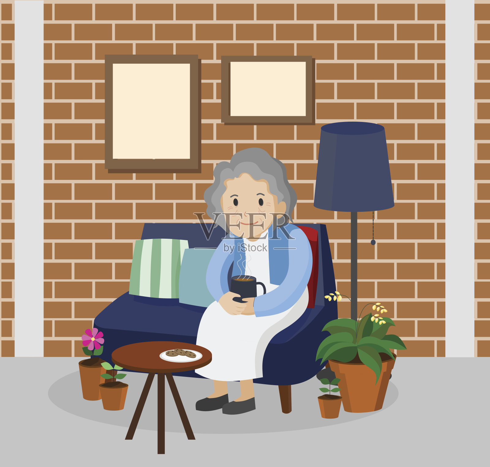 一位老妇人在客厅里的插图。插画图片素材