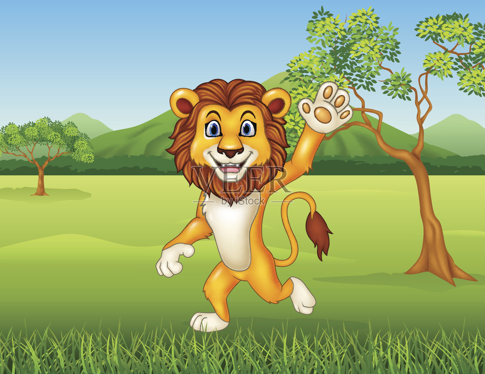 卡通滑稽的狮子挥舞在自然背景插画图片素材