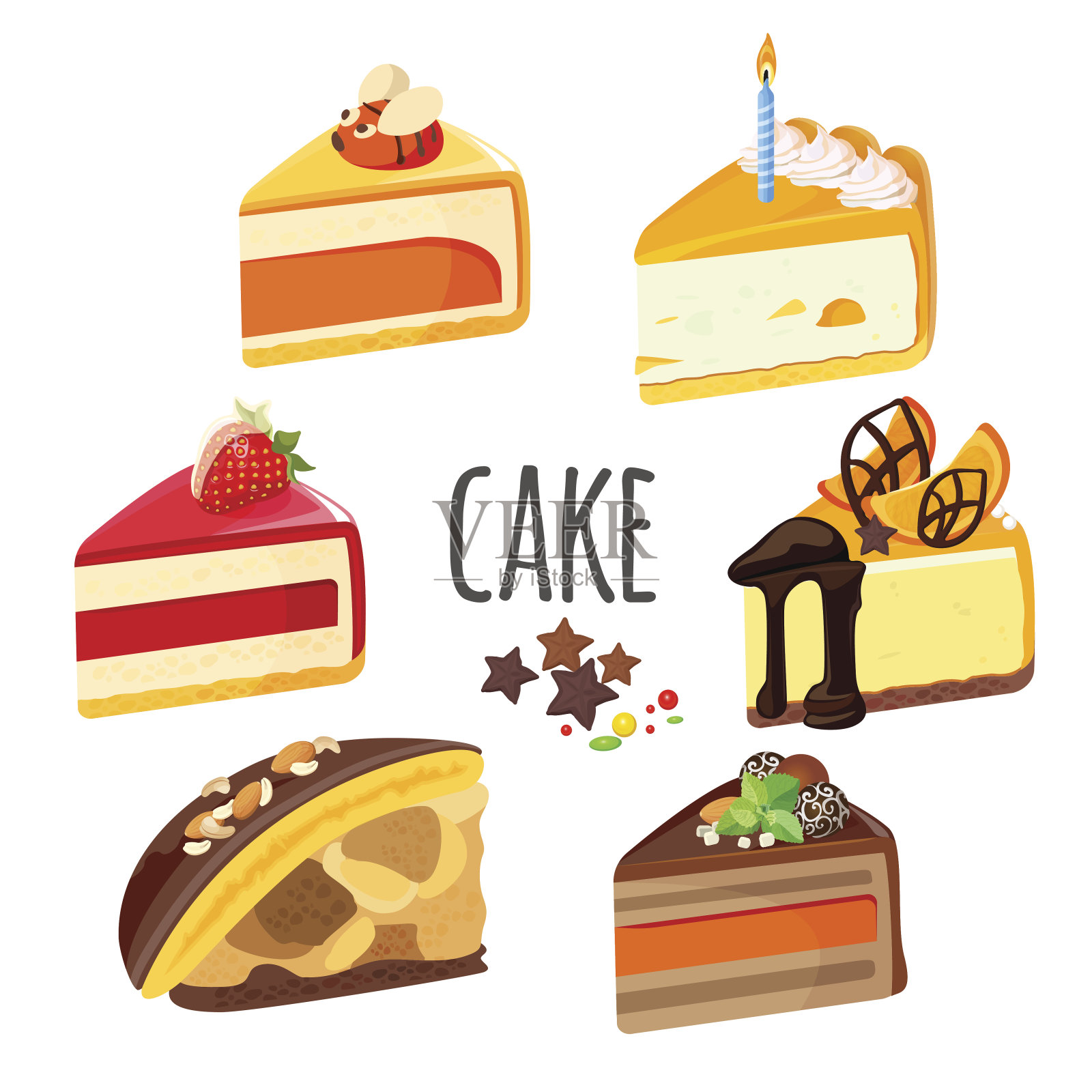 一套水果蛋糕，白巧克力和黑巧克力插画图片素材