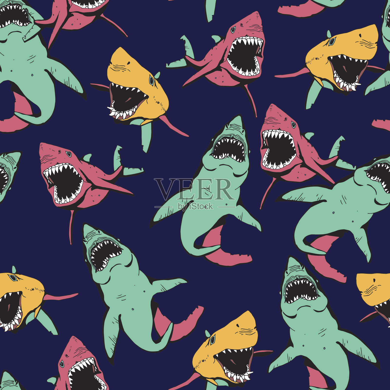 愤怒的鲨鱼拼贴。手绘海洋生活模式。动物和野生动物插图。插画图片素材