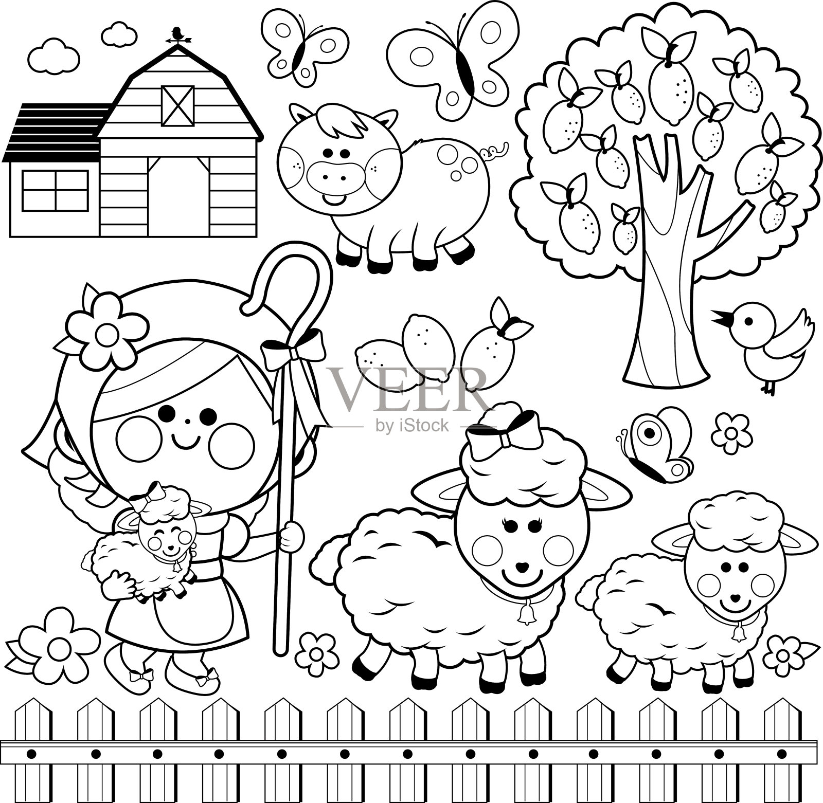 牧羊女和农场的小女孩，黑白涂色书页插画图片素材