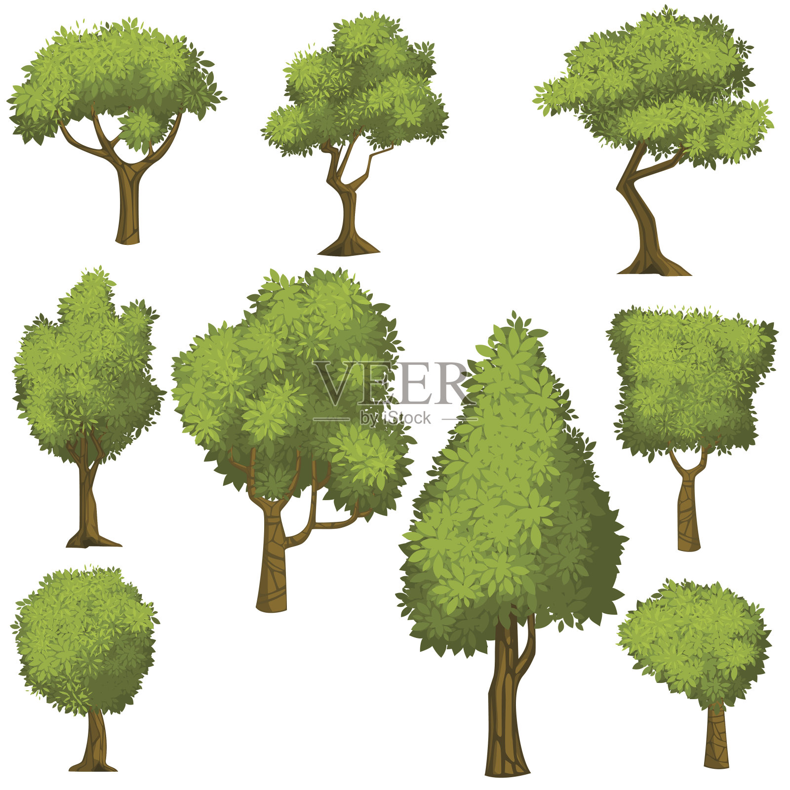 一组有趣的卡通树和绿色的灌木丛。设计元素图片