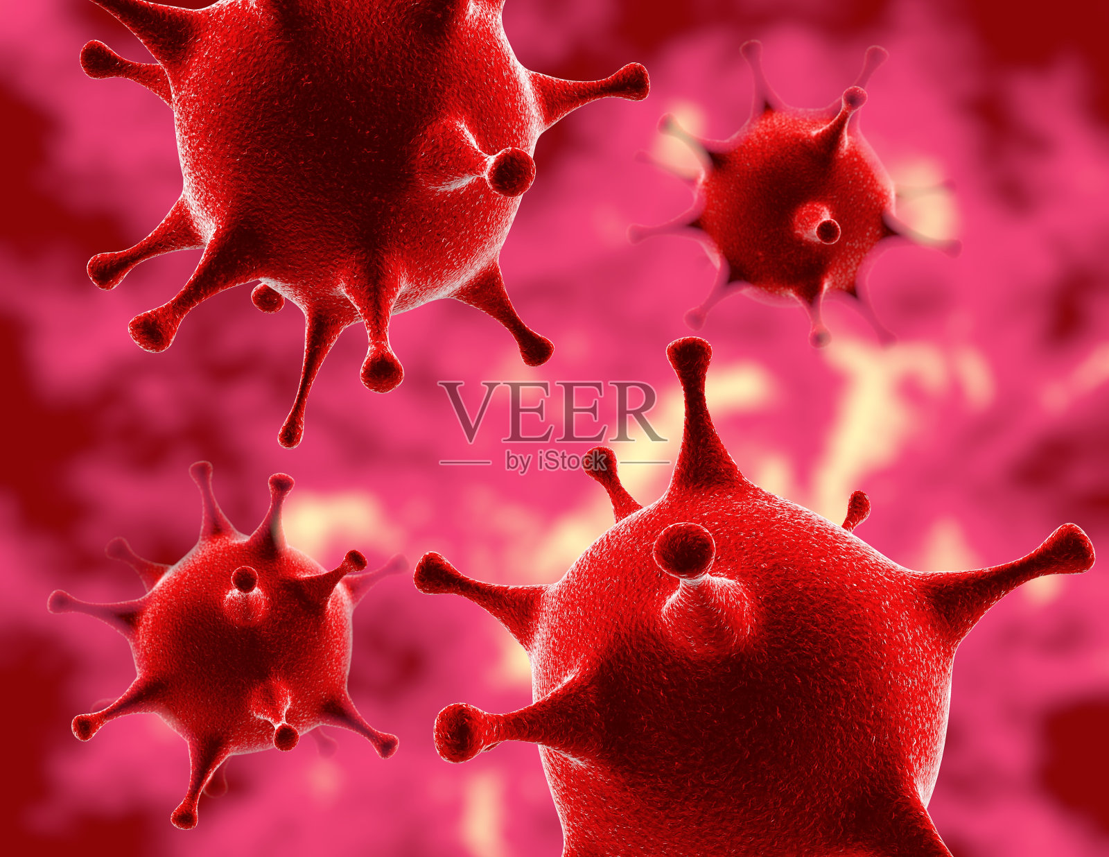 红色抽象病毒细胞三维渲染。插画图片素材