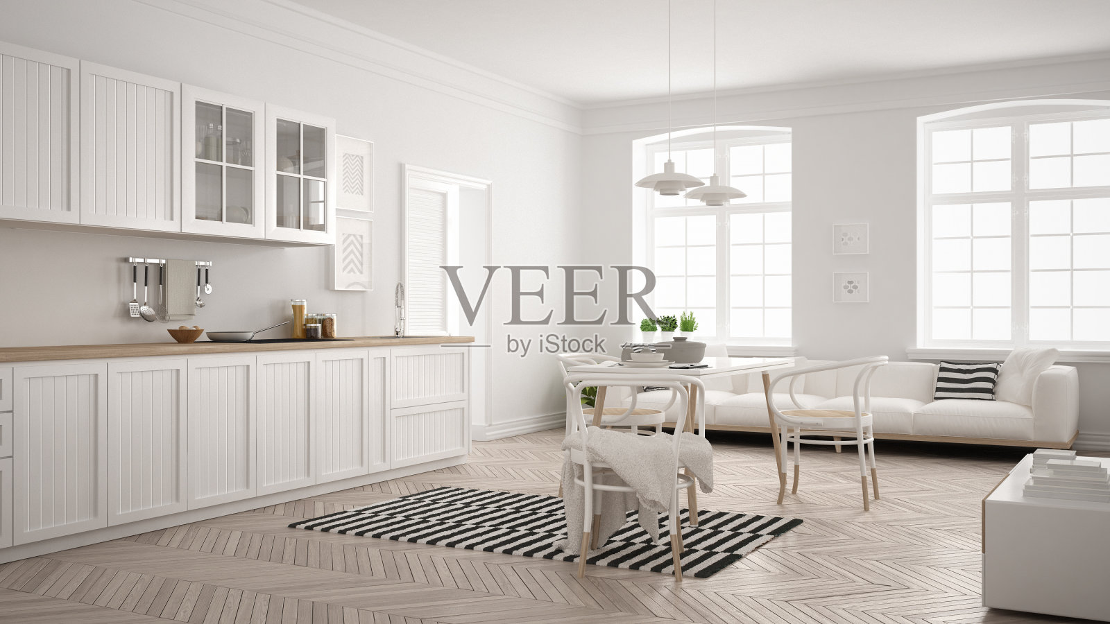 简约的现代厨房，餐桌和客厅，白色斯堪的纳维亚室内设计照片摄影图片