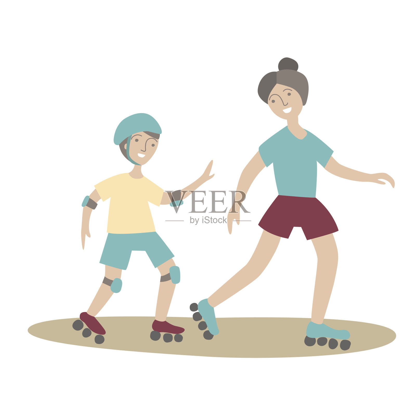 母亲和儿子穿着旱冰鞋。家庭运动和儿童体育活动，共同积极的娱乐活动。矢量插图在平面风格，孤立在白色。插画图片素材