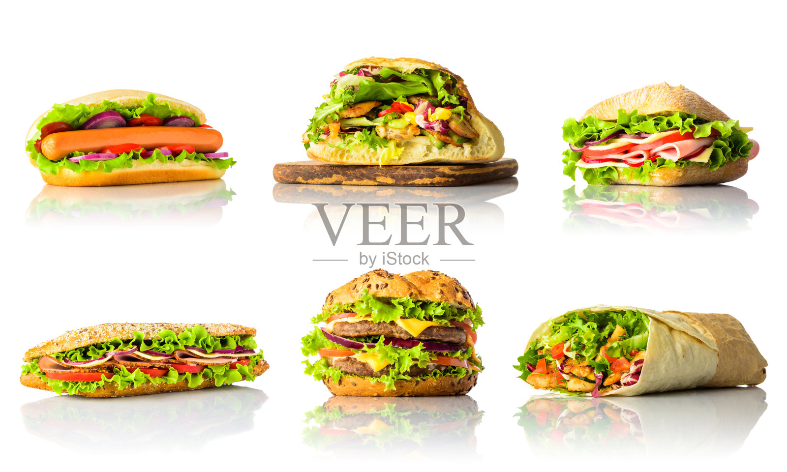 拼贴与三明治和汉堡在白色的背景照片摄影图片