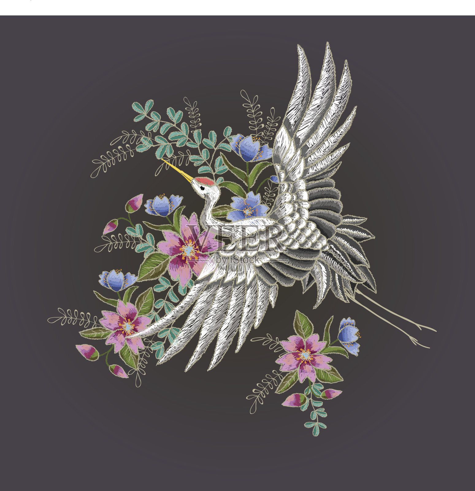 日本白鹤和花。刺绣向量。插画图片素材