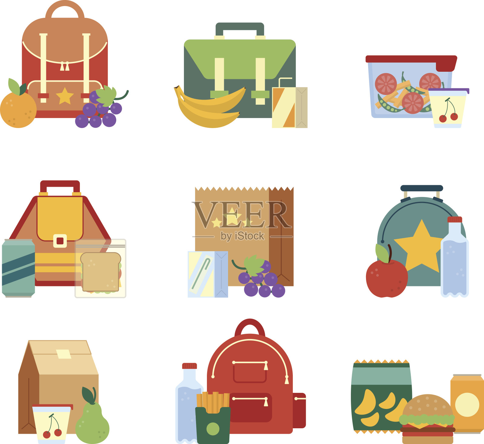 儿童健康食品午餐盒和袋子。矢量插图在平面风格插画图片素材