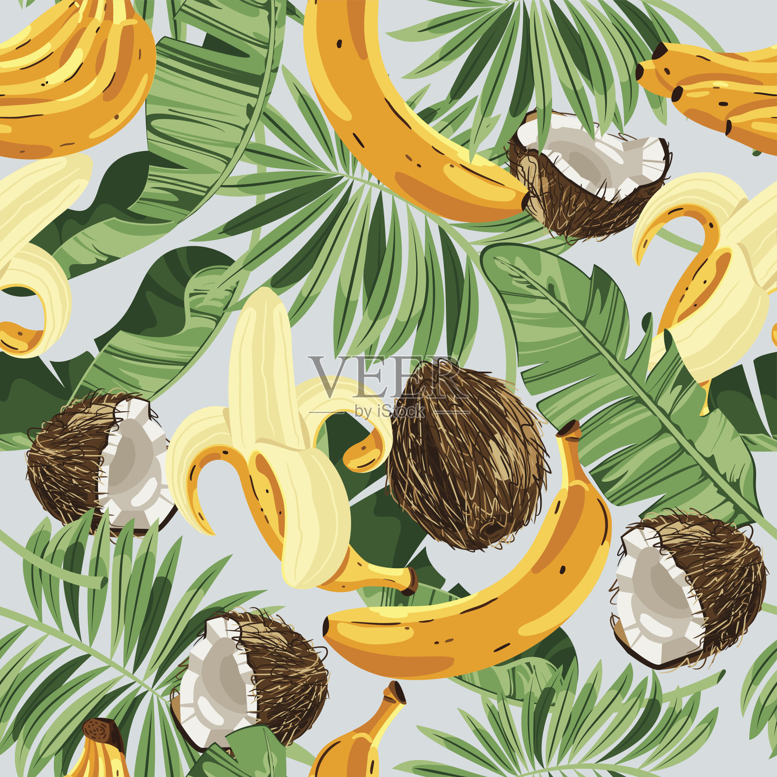 香蕉叶，香蕉和椰子的无缝图案。矢量插图。插画图片素材