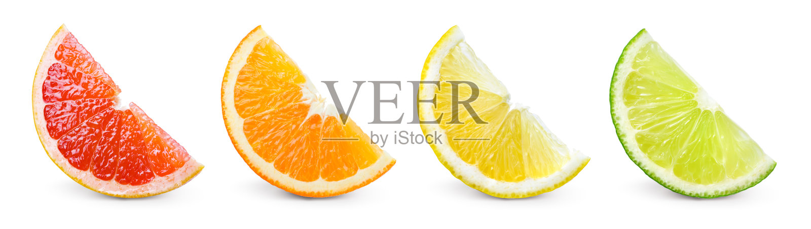 柑橘类的水果。橘子，柠檬，青柠，柚子。切片孤立在白色背景上。收集。照片摄影图片