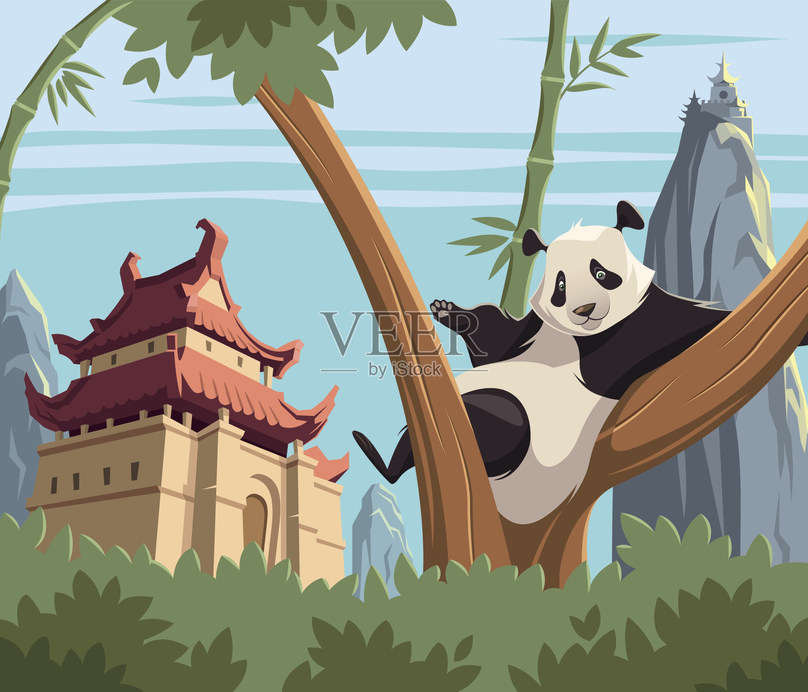 中国古代的树上有熊猫插画图片素材