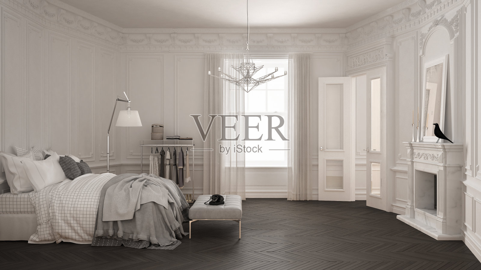 现代斯堪的纳维亚卧室在经典的老式客厅与壁炉，豪华的白色和灰色室内设计照片摄影图片