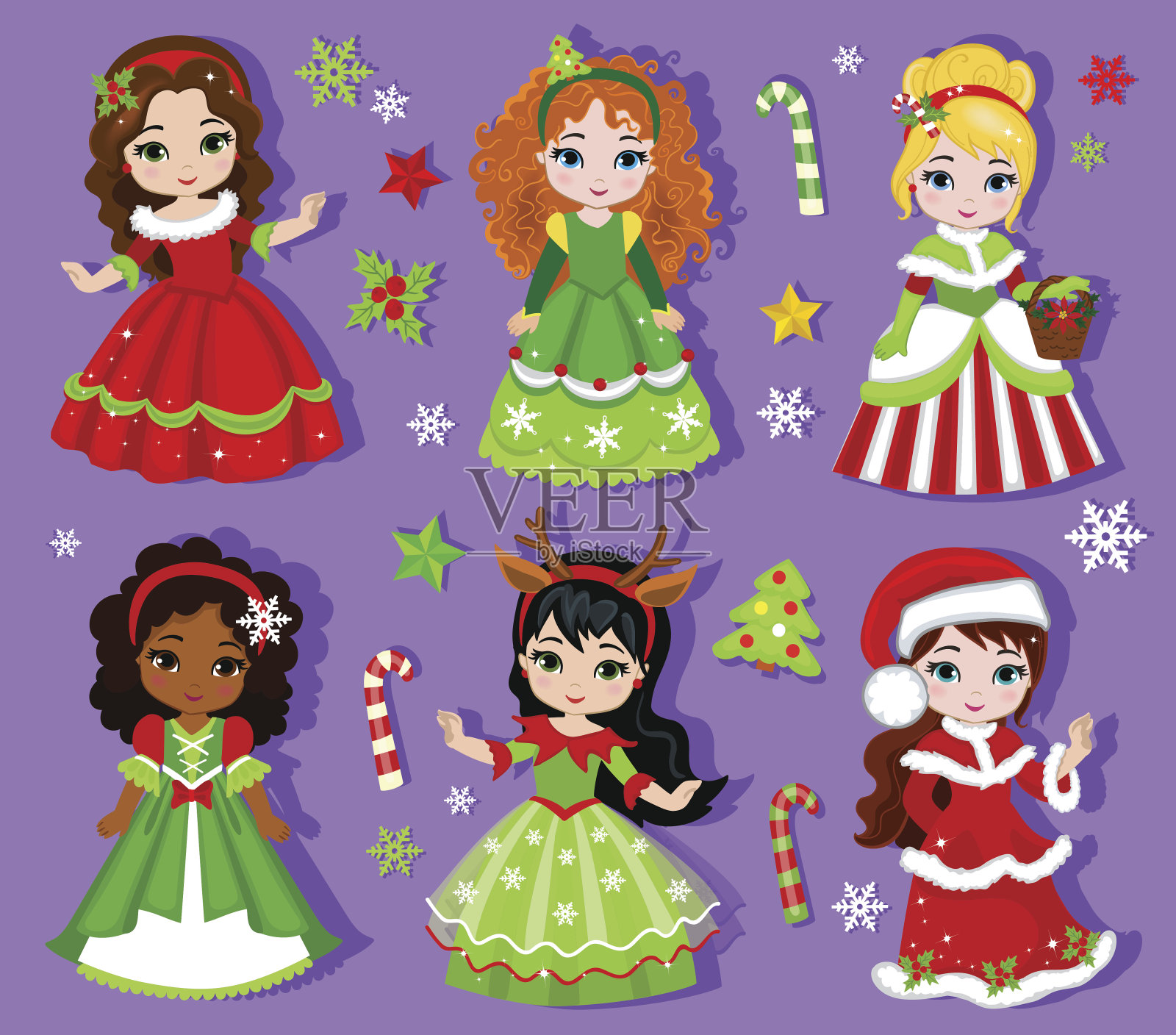 冬季圣诞节美丽公主组插画。设计元素图片