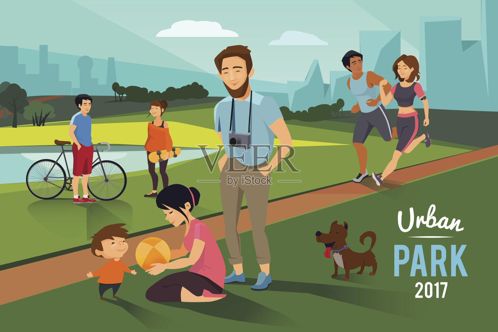 城市公园的户外活动。有孩子的幸福家庭，跑步夫妇，矢量背景插画图片素材