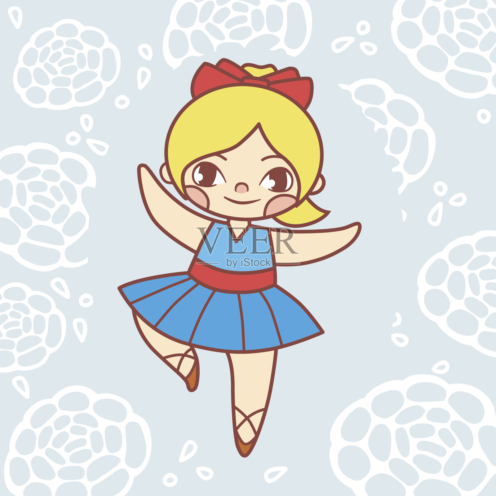 小女孩穿着蓝色的裙子跳芭蕾舞插画图片素材