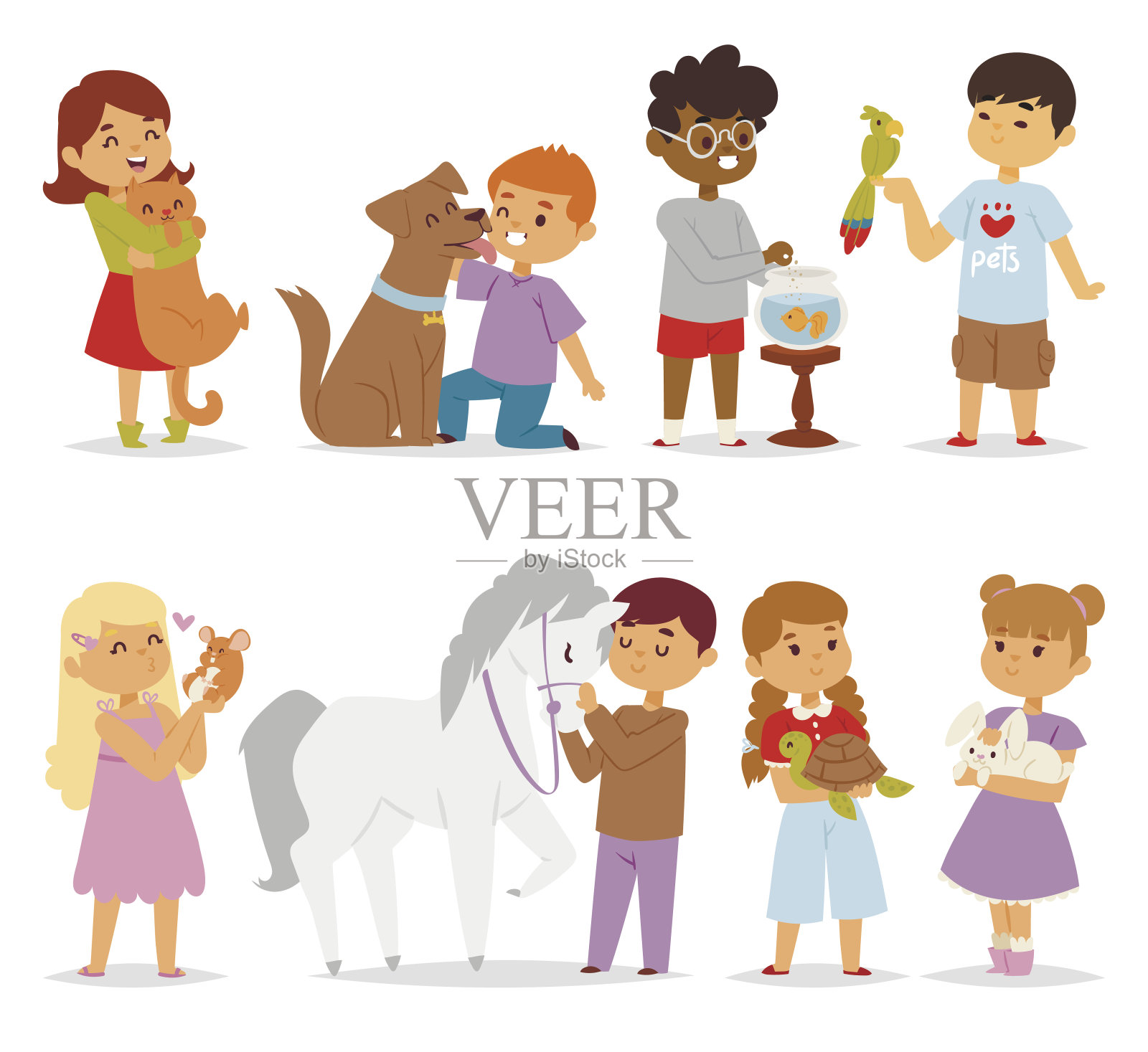 蹒跚学步的卡通儿童人物在爱抚小宠物和可爱善良的孩子喂养动物的朋友在动物园友谊矢量插图设计元素图片
