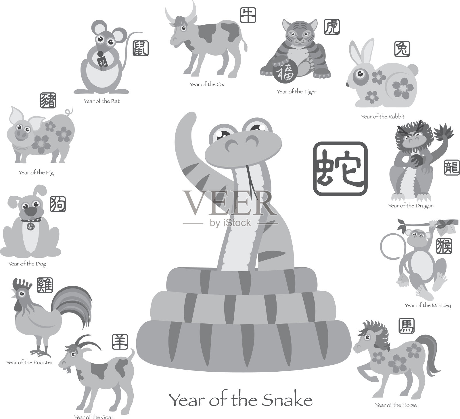 中国新年蛇十二生肖矢量插图设计元素图片