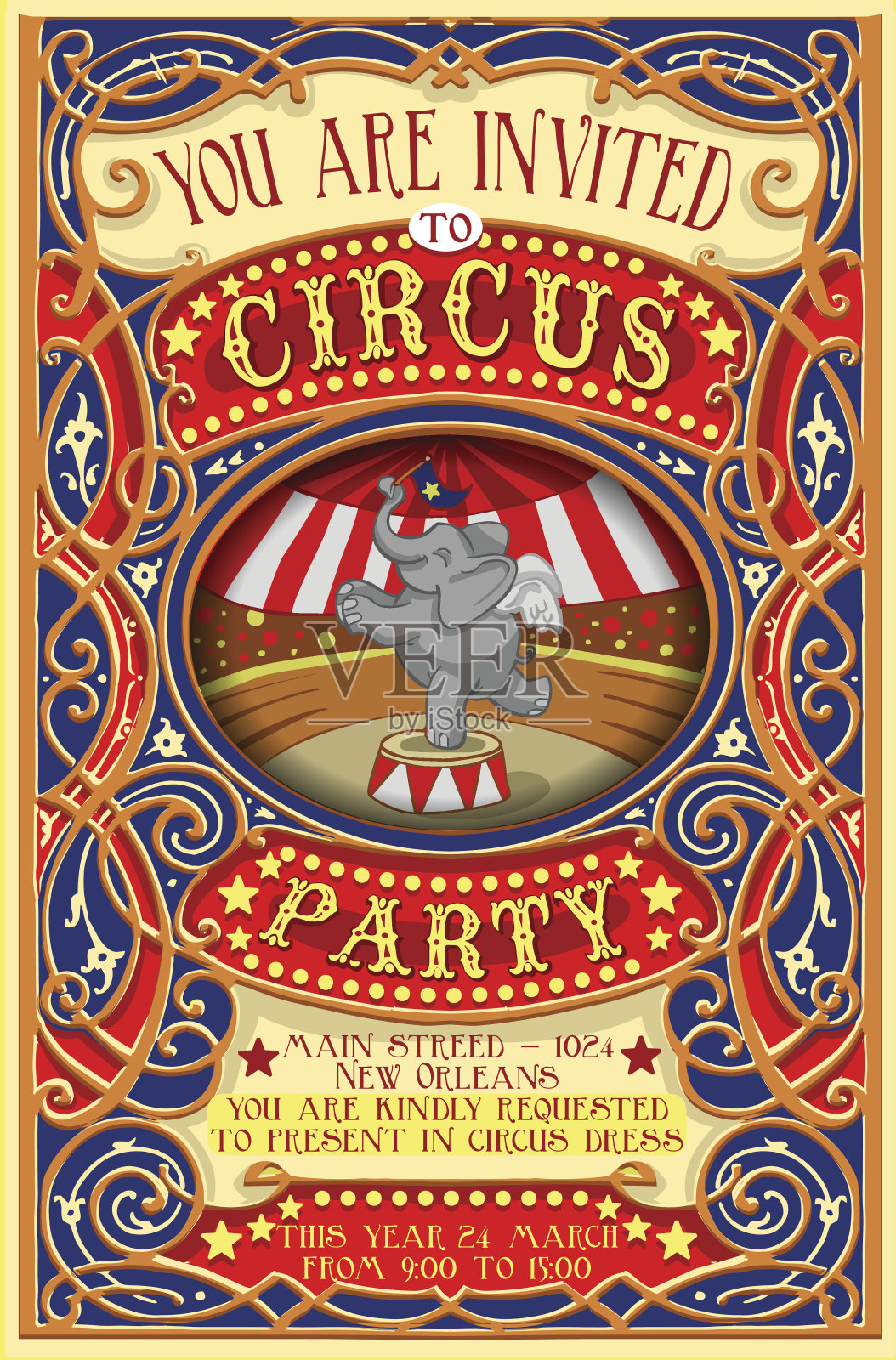 邀请大象参加马戏团派对的海报设计模板素材