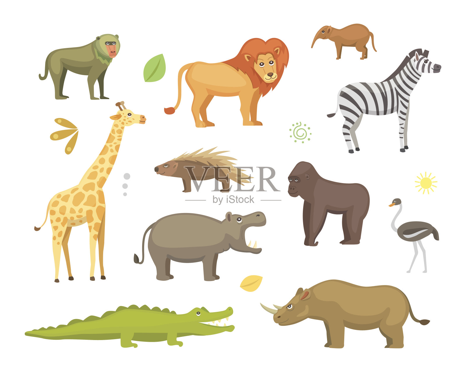 非洲动物卡通向量集。大象、犀牛、长颈鹿、猎豹、斑马、鬣狗、狮子、河马、鳄鱼、大猩猩等。safari孤立的插图。插画图片素材