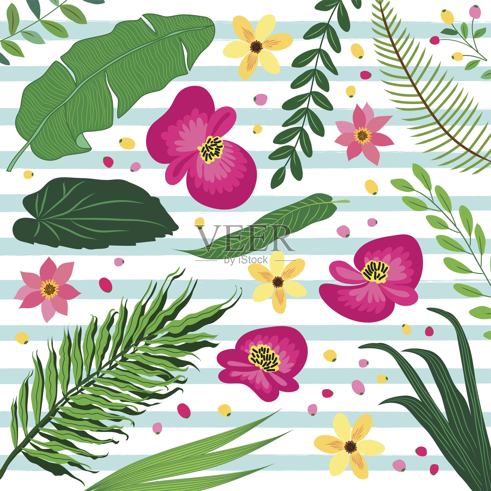 美丽的植物图案与热带花卉和树叶，如香蕉棕榈树的叶子插画图片素材