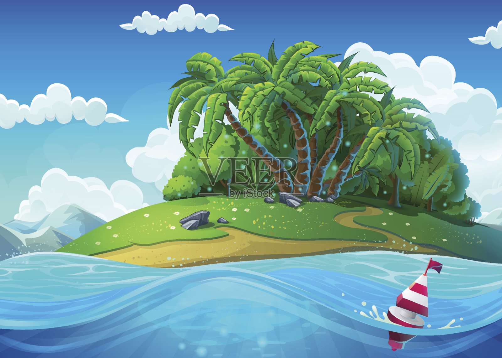 漂浮在岛上的背景与棕榈树在海上插画图片素材