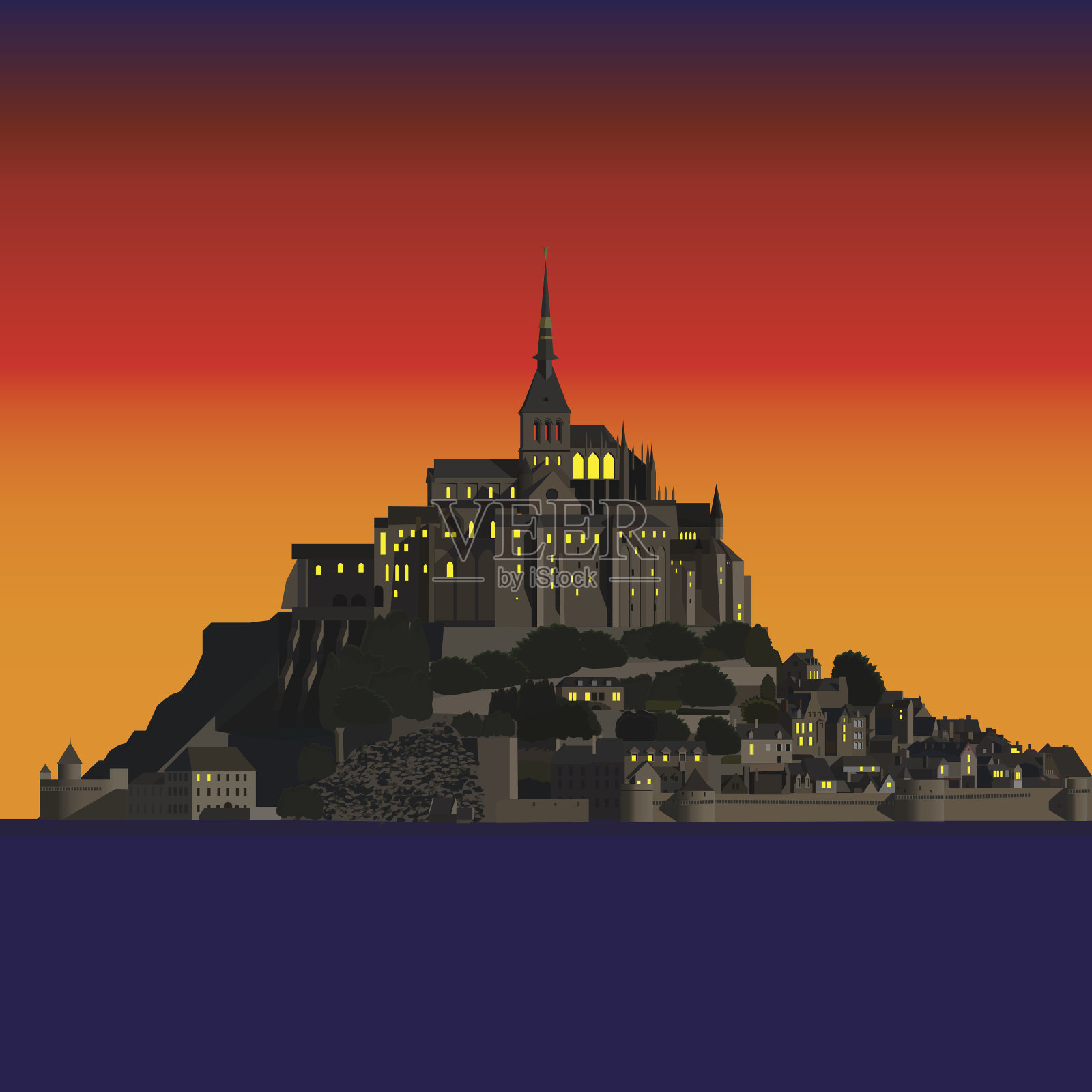 日落时的圣米歇尔山修道院，法国插画图片素材
