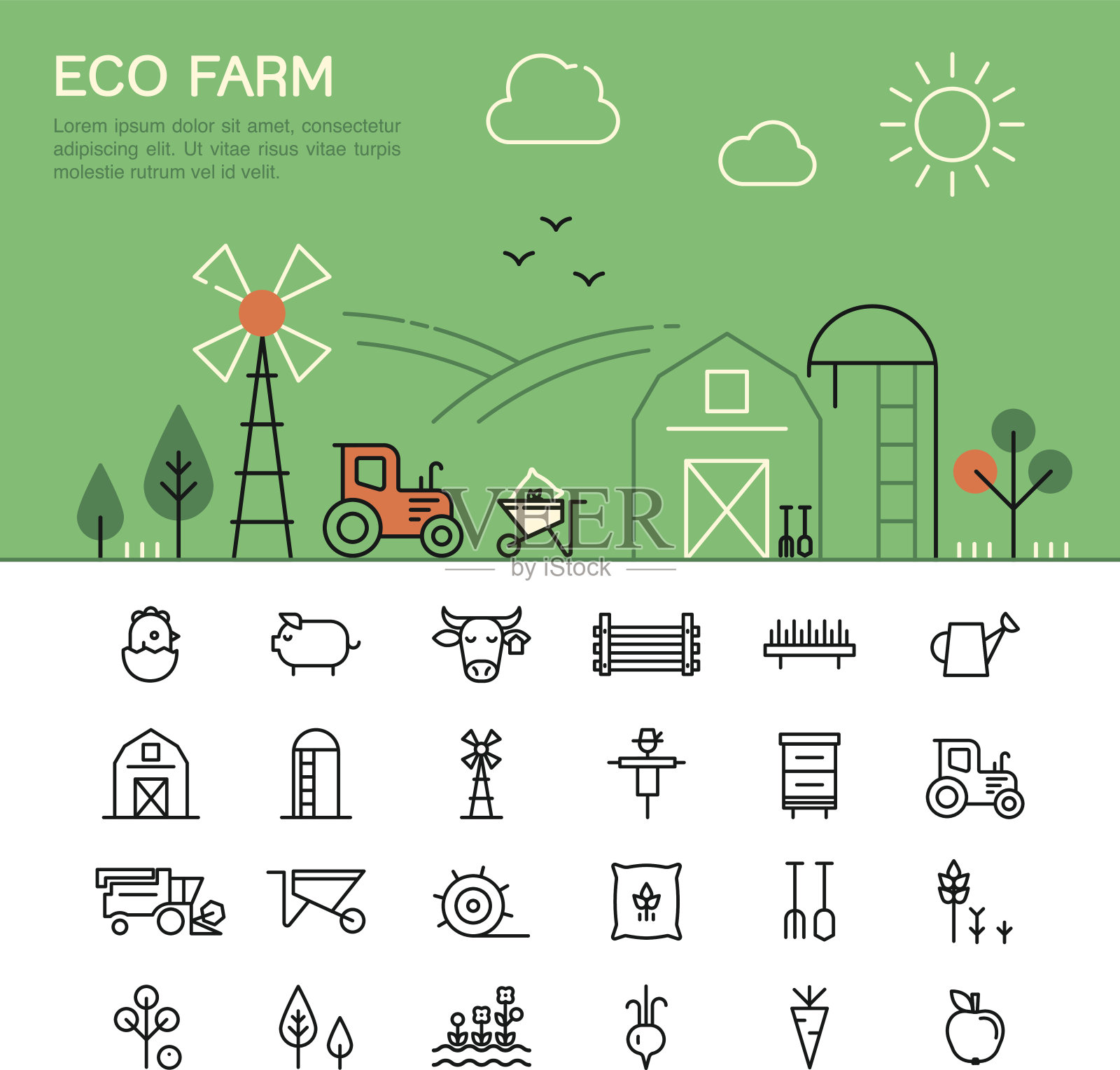农业和农业细线图标。插画图片素材