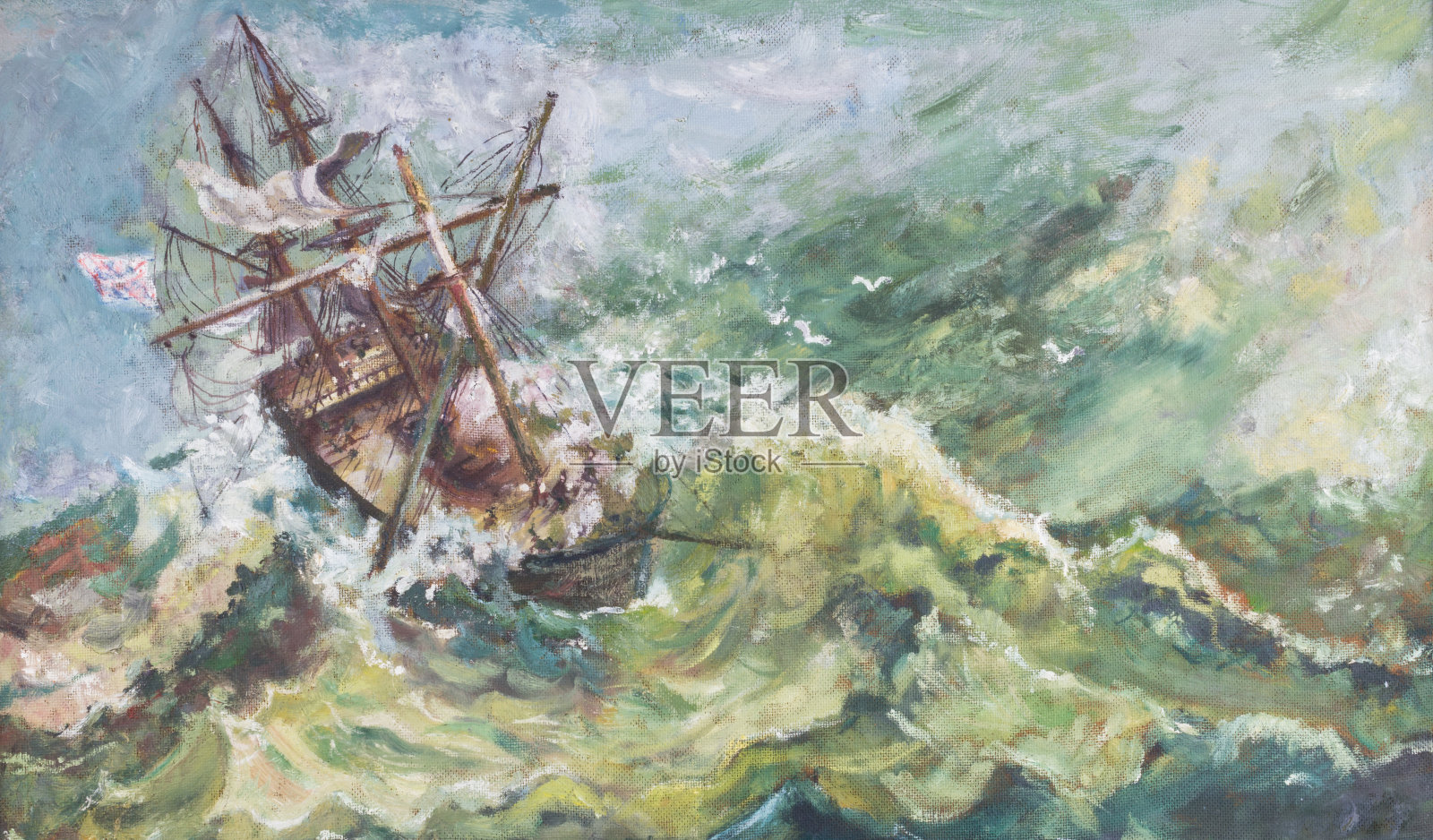 旧的复古航海海岸景观油画船插画图片素材