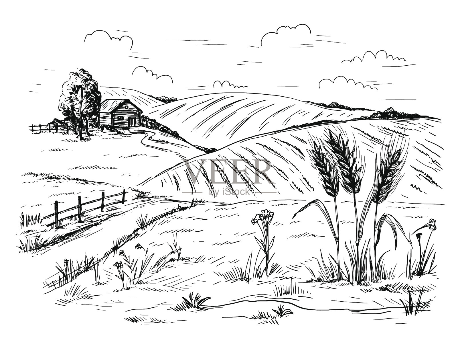 图形风格的乡村景观插画图片素材