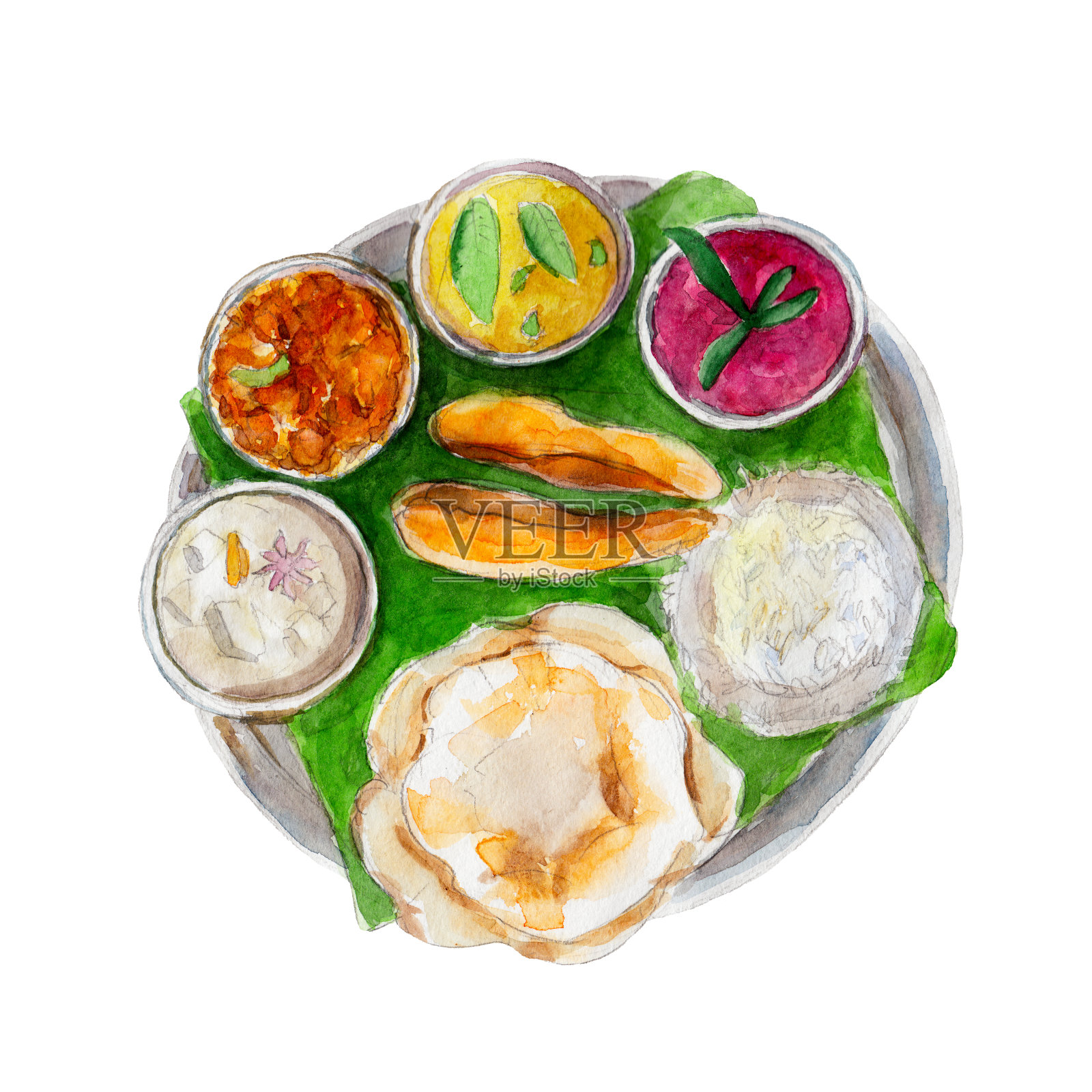香蕉树叶子上的印度孟加拉民族食物，水彩插图孤立在白色背景上。插画图片素材