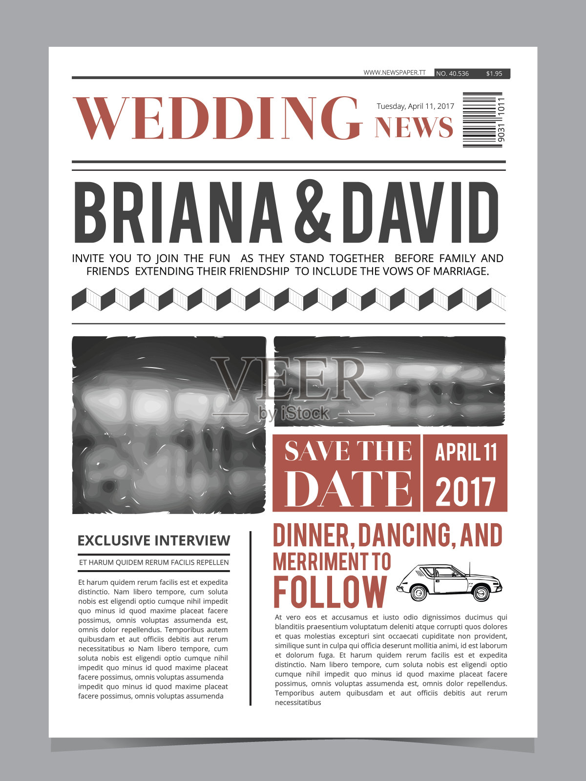婚礼请帖在报纸头版。设计矢量布局模板设计模板素材