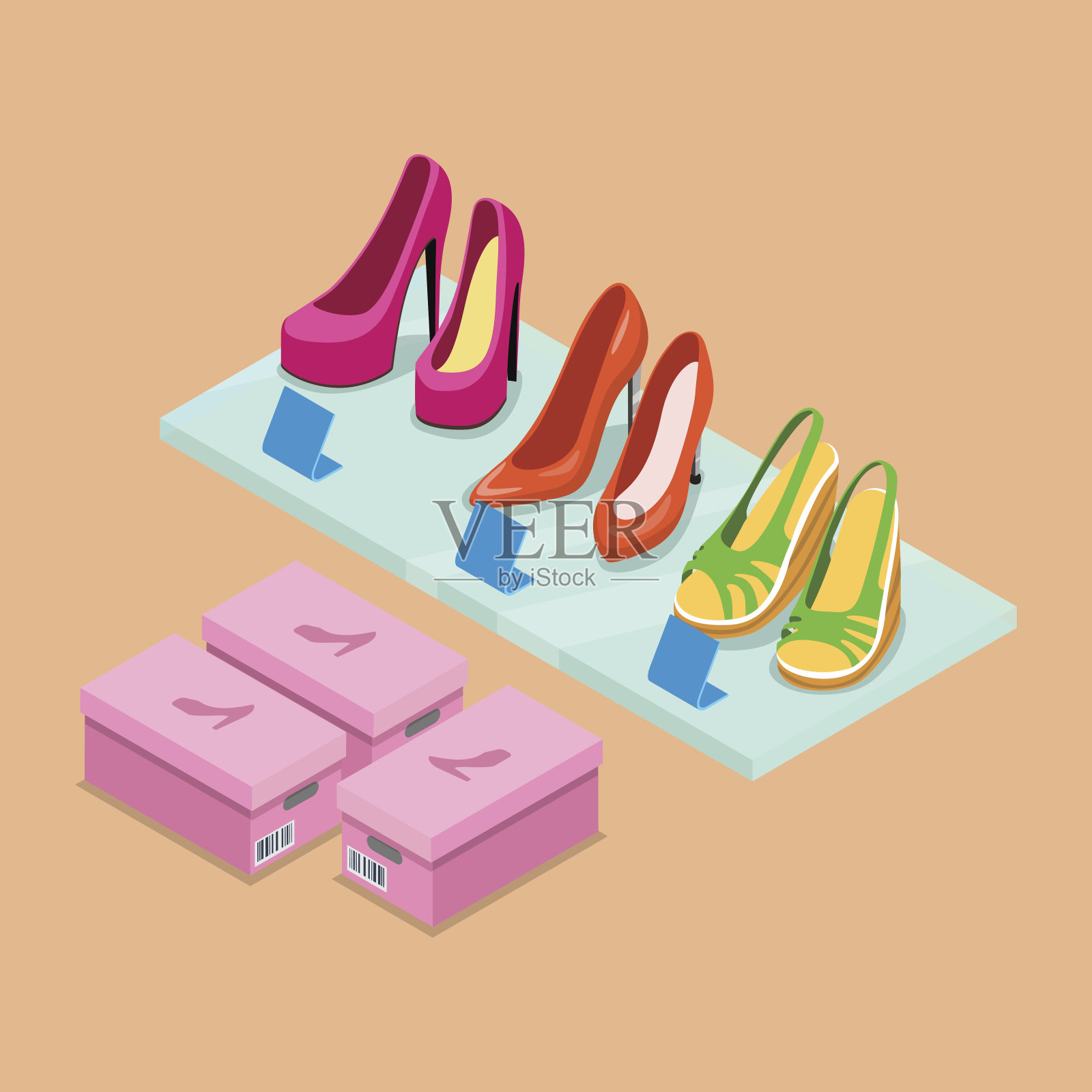 平面等距鞋精品展示货架矢量插图。三维等距零售鞋店的经营理念。女鞋和包装盒。插画图片素材