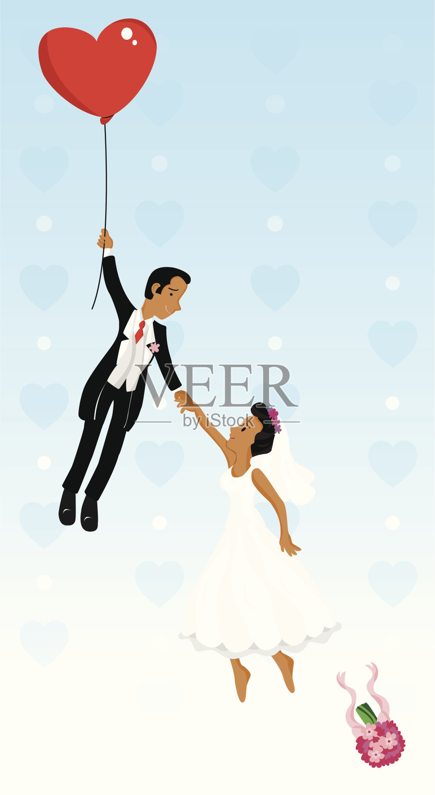 一对新婚的黑人夫妇用一个心形的气球飞行插画图片素材