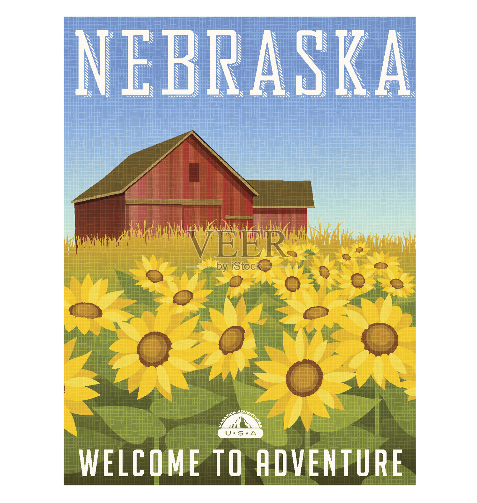 内布拉斯加州旅行海报。向日葵在旧的红色谷仓前的矢量插图。设计模板素材