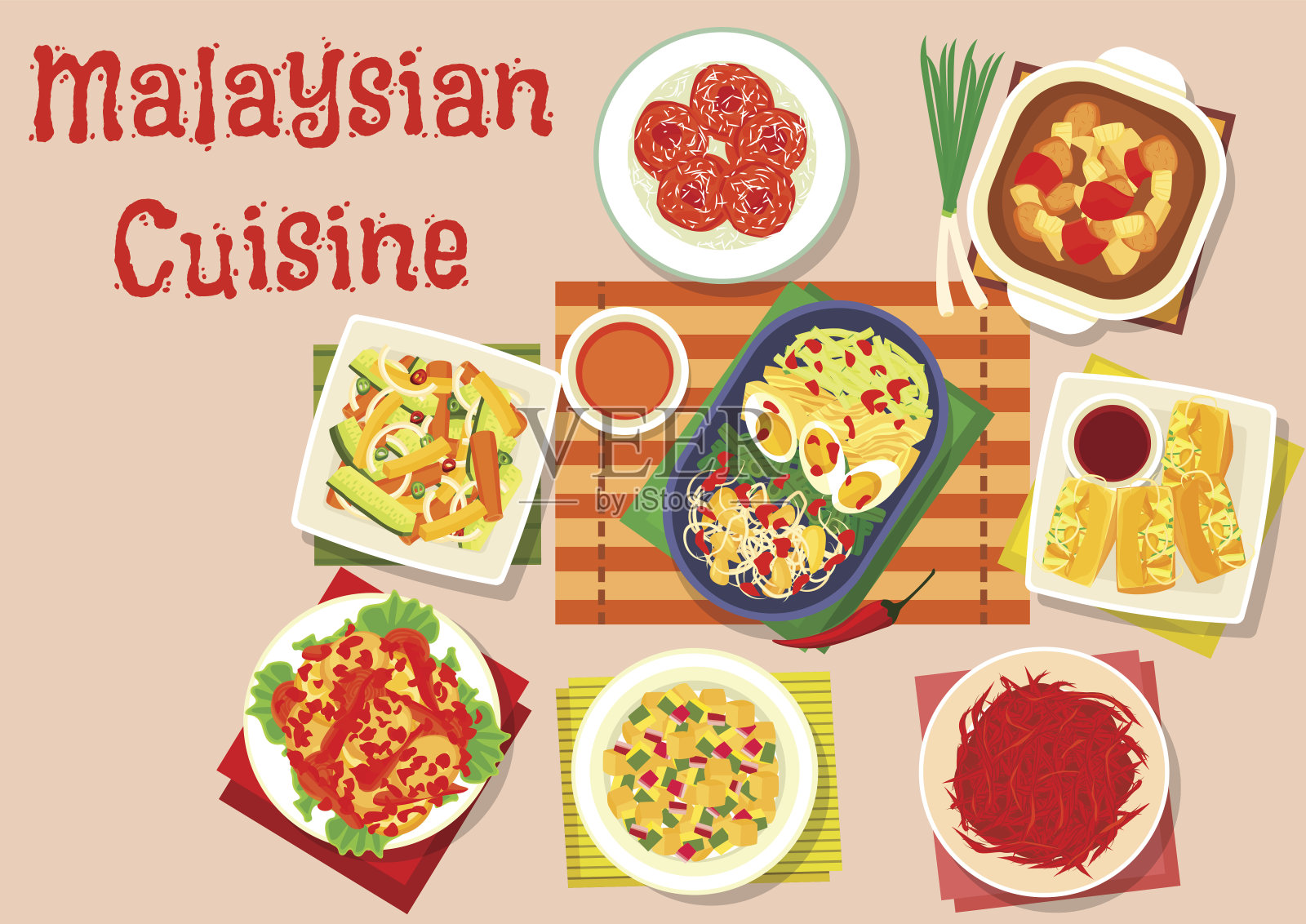 马来西亚菜沙拉和汤菜的图标插画图片素材