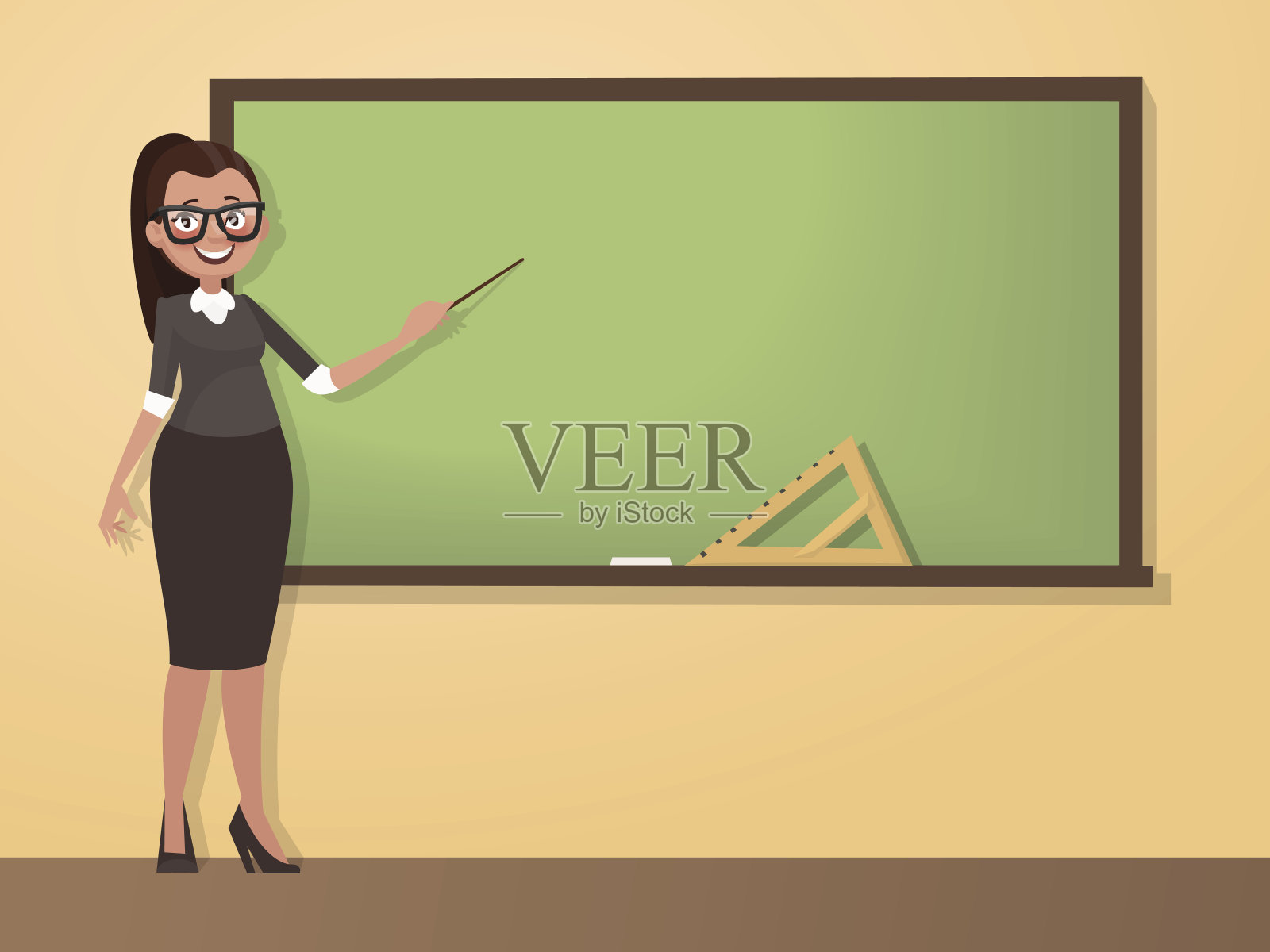 一位年轻的女教师拿着教鞭站在黑板前插画图片素材