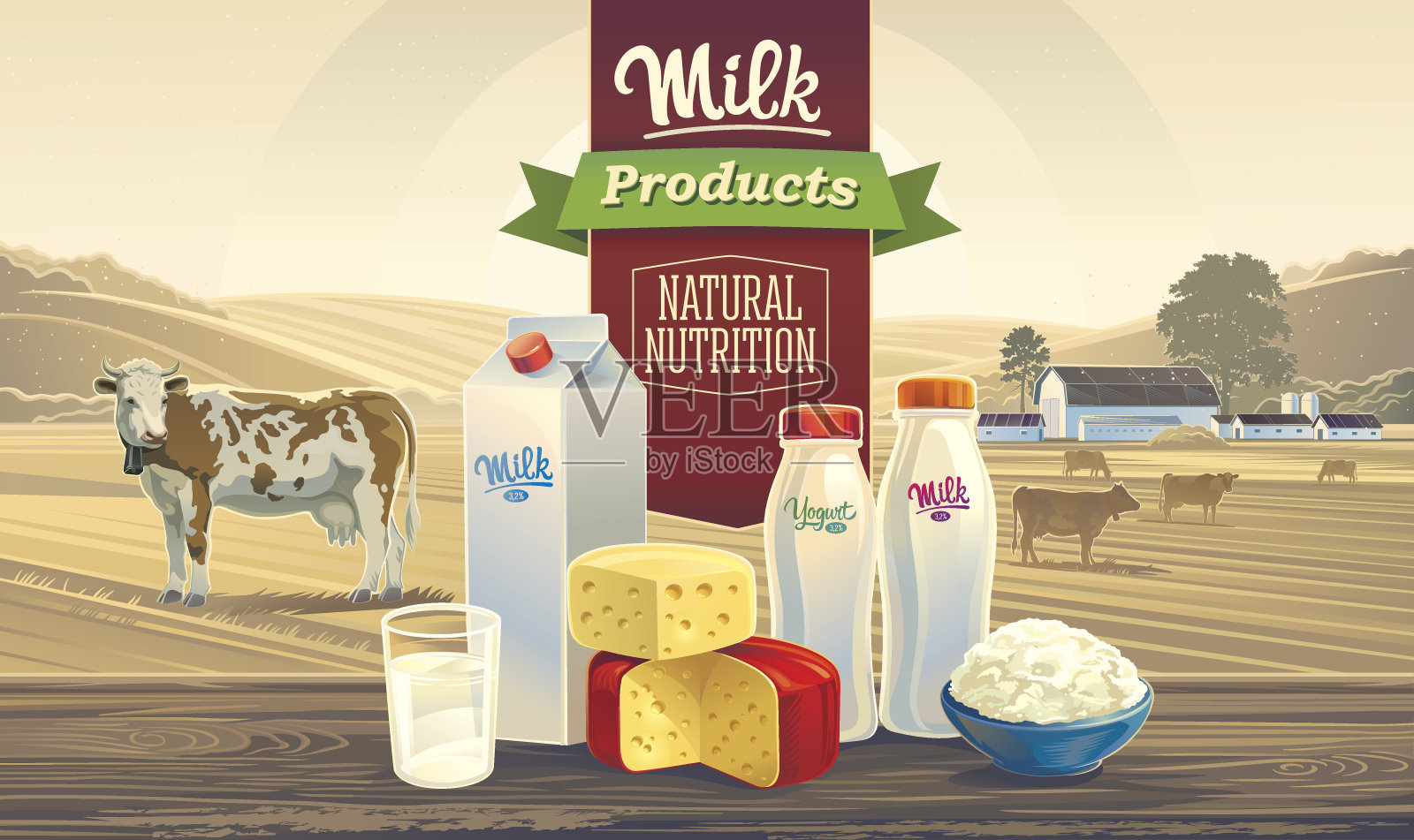 牛奶产品和农村景观与奶牛。插画图片素材
