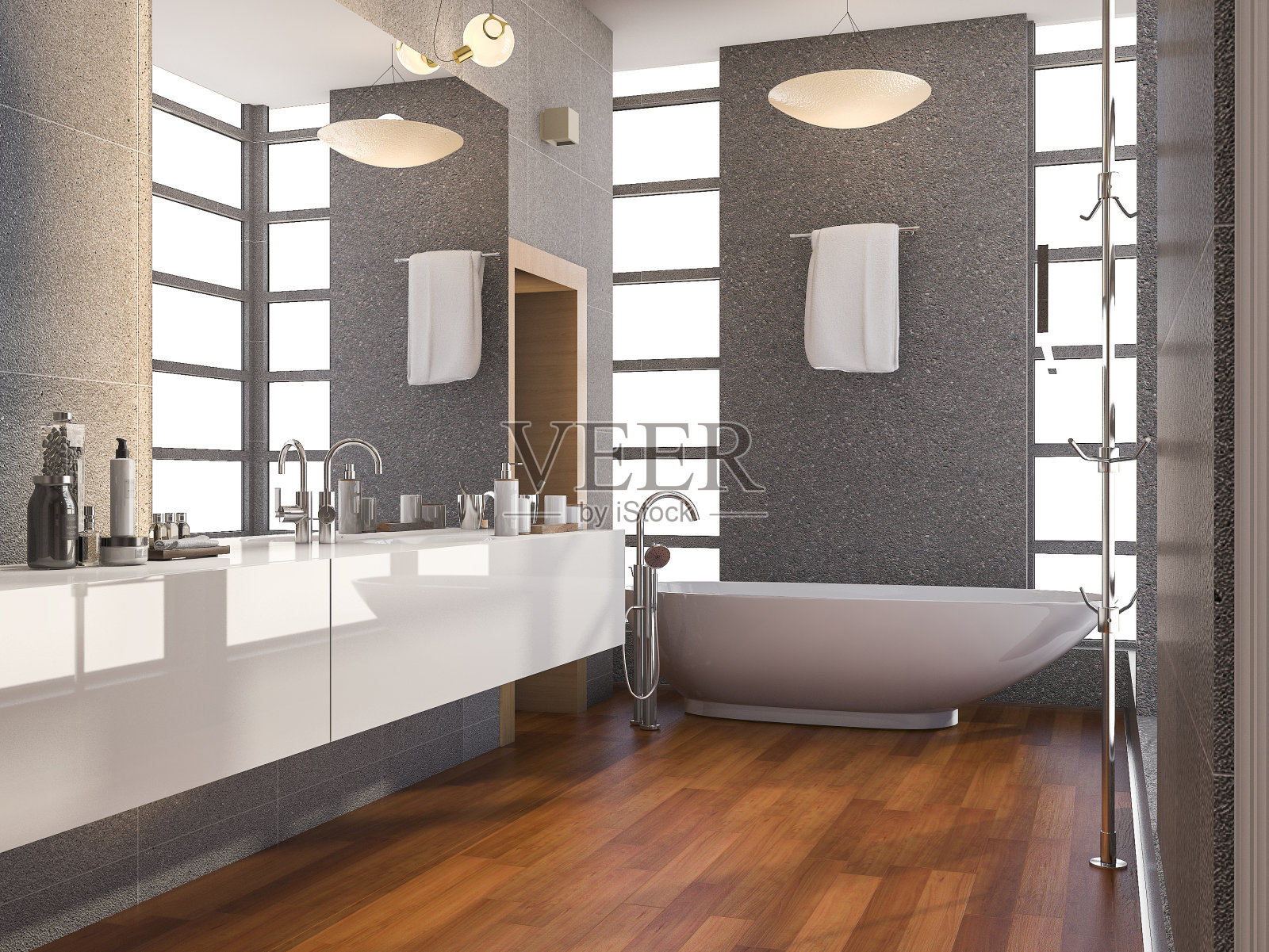 3d渲染木材现代浴室与窗户和石材瓷砖墙在夏天照片摄影图片