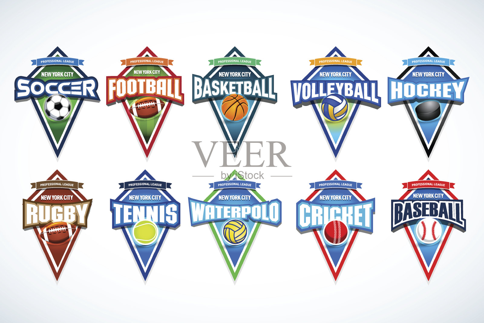 丰富多彩的体育标志集足球、足球、篮球、排球、曲棍球、橄榄球、网球、水球、板球、棒球。插画图片素材