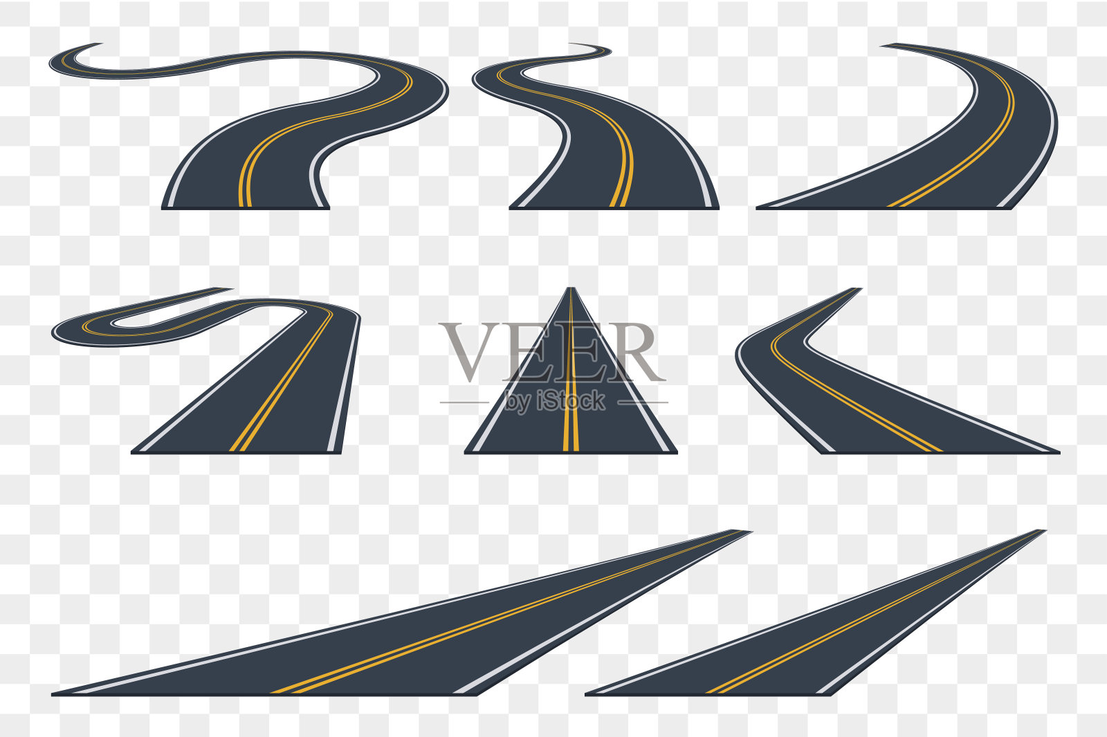 一套弯曲的沥青路面透视。高速公路的图标。设计元素图片